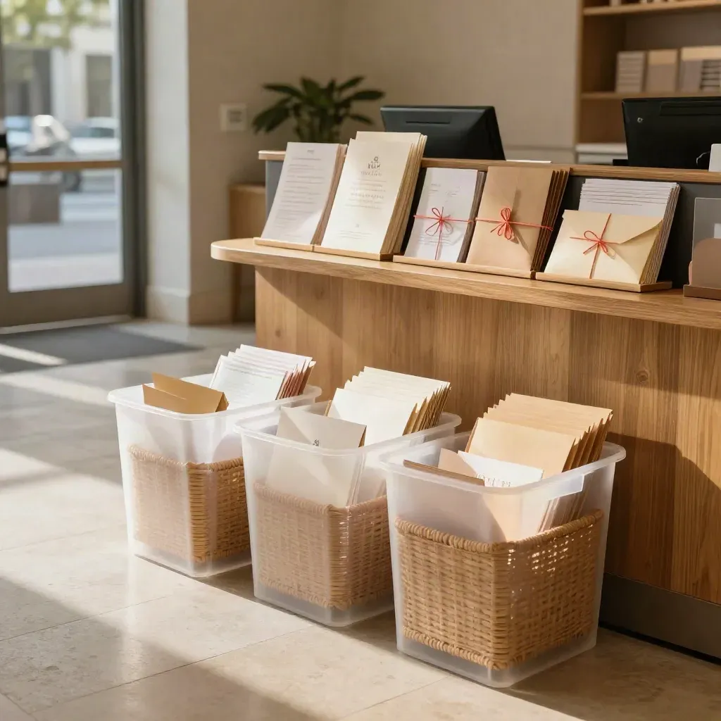 Filled donation bins in a bright foyer with envelopes and brochure shelf, lit by late sun.