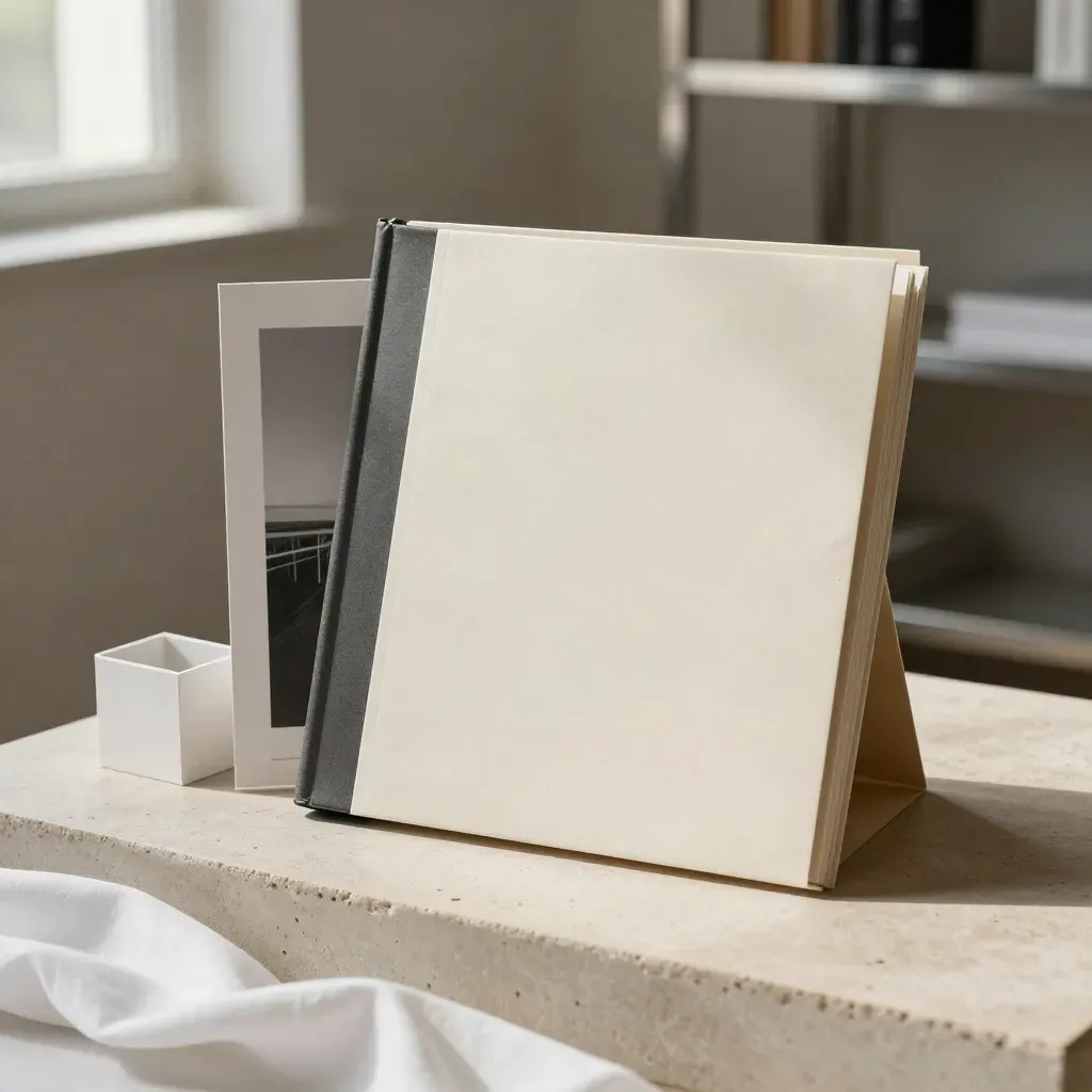 Sealed arts grant packet with binder, prints and gallery maquette on a stone plinth.
