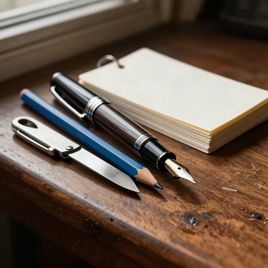 Writer’s tools still life on walnut wood with dramatic light and deep shadow.