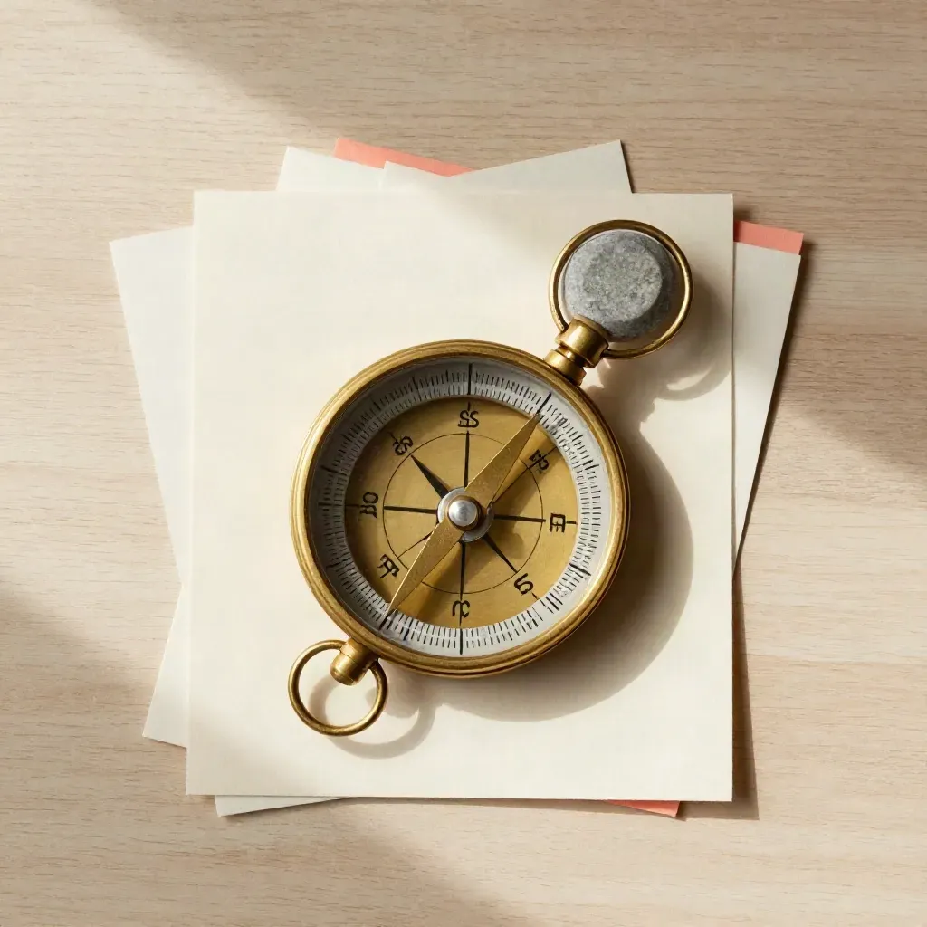 Brass compass in a target ring with cards and stone paperweight on pale wood.