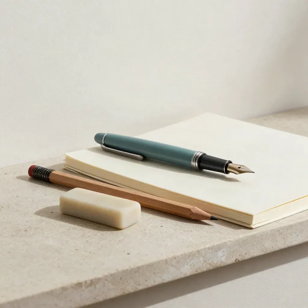 Teal fountain pen, pencil, eraser, and closed notebook on a pale plaster ledge